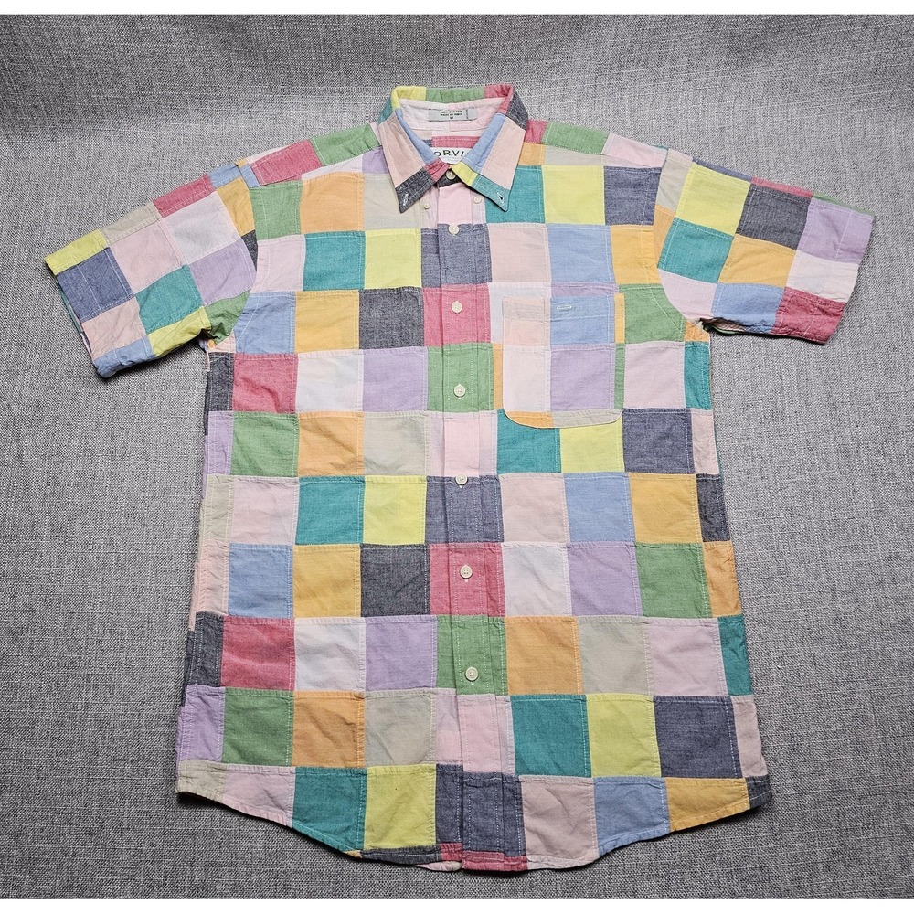 Orvis Shirt Mens Medium Multicolor Patchwork Madras Short Sleeve Button Front
